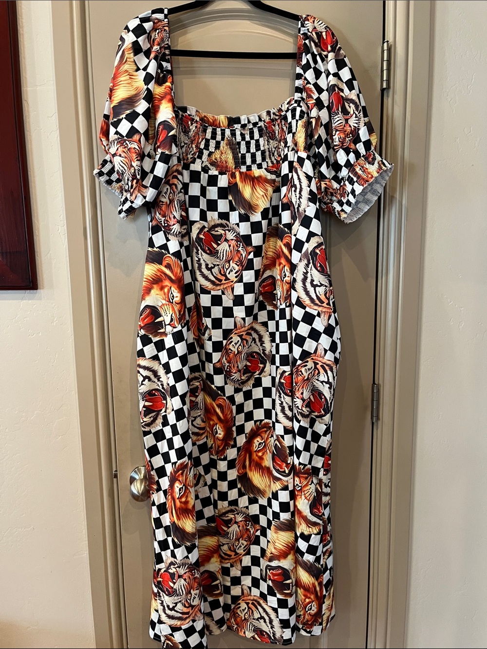 Dressed in LALA Black & White Check Maxi Dress with Lion & Tiger Print